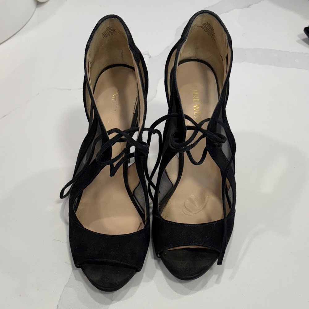 Nine West Black Lace-Up Peep Toe Heels